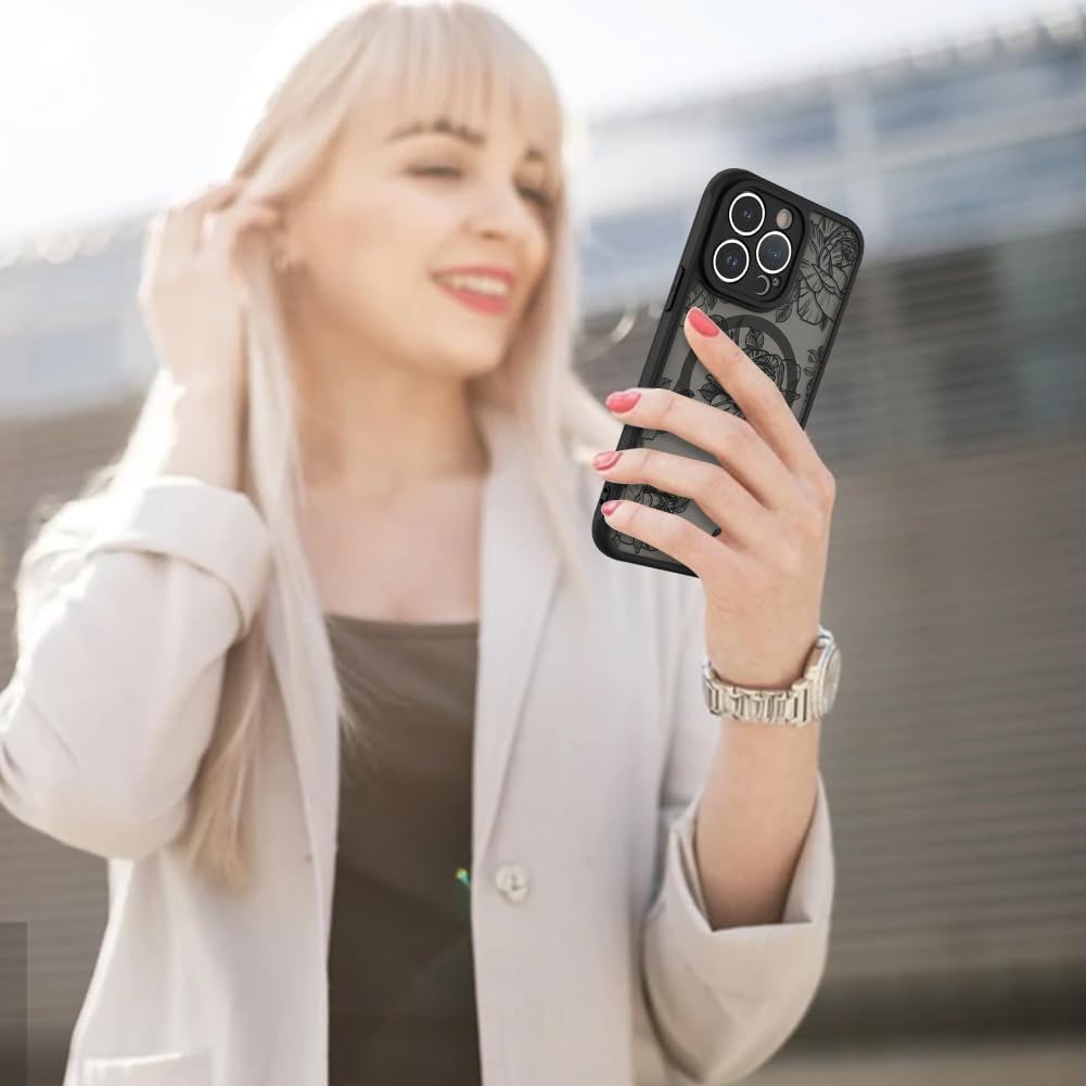 AIGOMARA Case for iPhone 15 Pro [Compatible with MagSafe] Black Flower Floral Pattern Design for Women Girls Soft TPU Bumper Hard PC Back Anti-Fall Shockproof Protective Slim Magnetic Cover - Image 6