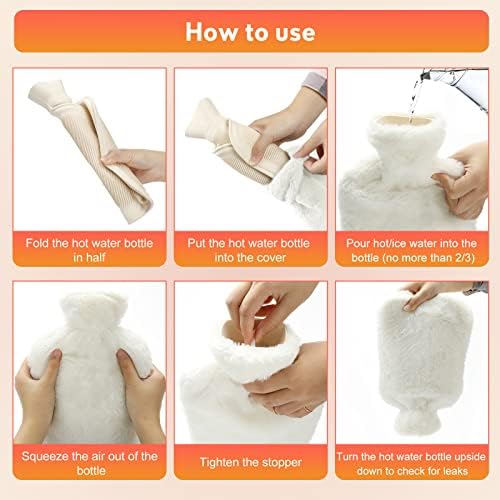 Hot Water Bottle with Cover, 2L Large Capacity, Premium Natural Rubber Hot Water Bag Cover, Furry Faux Fur Warm Water Bottle -Hot Water Bag for Pain Relief, Great Gift Idea,White,1Pcs
