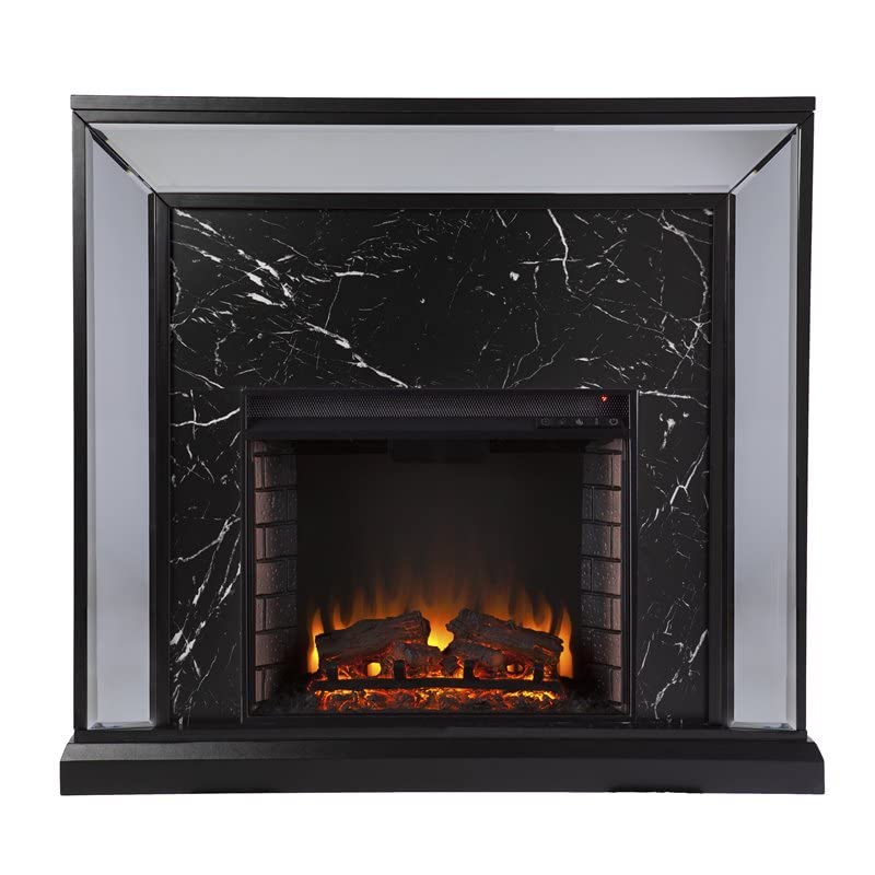Maklaine Trandling Mirrored Faux Marble Wood Fireplace in Black/Silver
