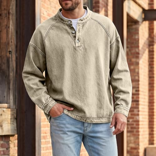 Vintage Washed T Shirt Men Washed Button Henley Henley T Shirts for Men | Retro Classic, Raglan Sleeve, Thermal Warm, No Bloated Feeling, Relaxed Fit, Oversized, Long Sleeve, Fall Winter - image 3