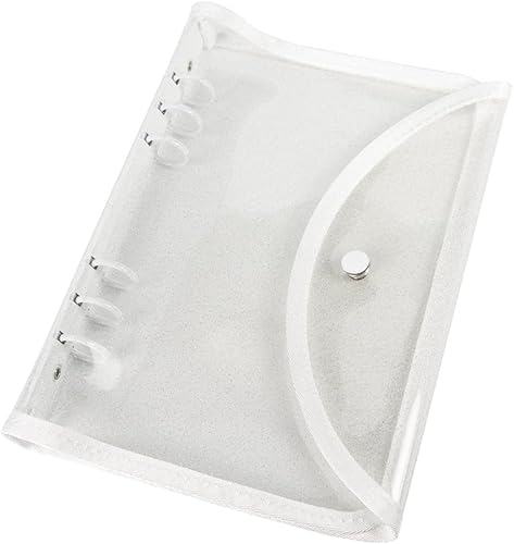 Carpeta A5 con purpurina transparente de PVC suave, carpeta blanca recargable de 6 anillas con cierre de botón a presión para organizador de papel