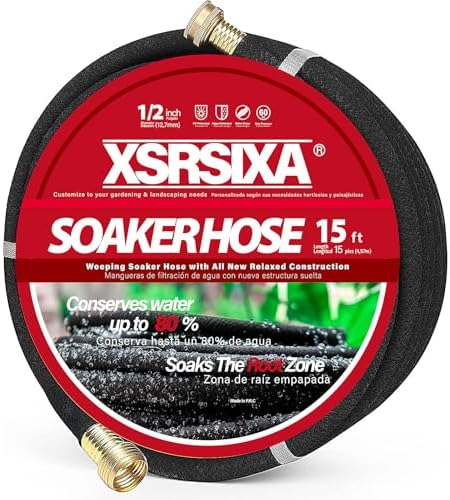 XDRSIXA 15FT Heavy Duty Soaker Hose – 1/2" Ultra-Flexible Rubber with Reinforced Core, 20% Stronger Stretch & Even Water Flow for Gardens, Lawns, Raised Beds (Drip Irrigation Hose)