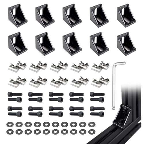 Image of 10 Sets Black 4040 Aluminum Extrusion Connector Kit - 10pcs Corner Brackets, 20pcs M6 Spring T-Nuts & Hex Screws, 2 Hex Wrench - for 8mm T Slot Extruded Aluminum Accessories Hardware
