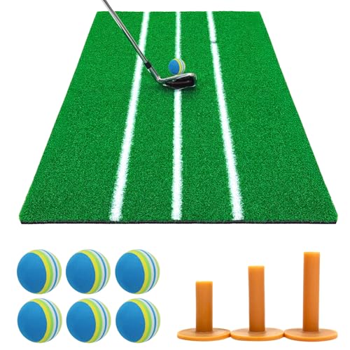 GolfStyle ゴルフマット 白線 ゴルフ 練習 マット 素振り 軌道確認 スイング ドライバー アイアン パター 練習器具 室内 屋外 人工芝 ゴルフボール ゴムティー SBR 50×75cm Eセット (ブルー)