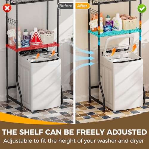 Image of Golpart Laundry Organizer Shelves Over the Washer and Dryer Storage Shelf | Heavy Duty Laundry Room Organization Clothes Drying Rack Adjustable Height Wire Shelving and Wire Basket with Hanger Rod