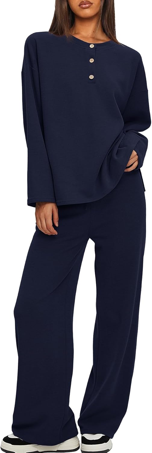 Darong Two Piece Outfits for Women Fall Lounge Sets Button Down Sweatshirt Wide Leg Pants Sweatsuits Set with Pockets