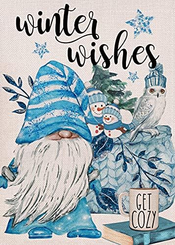 Covido Home Decorative Winter Wishes Gnome Garden Flag, House Yard Owl Snowman Coffee Book Stars Pine Trees Outside Blue Decoration, Christmas Holiday Outdoor Small Burlap Decor Double Sided 12 x 18