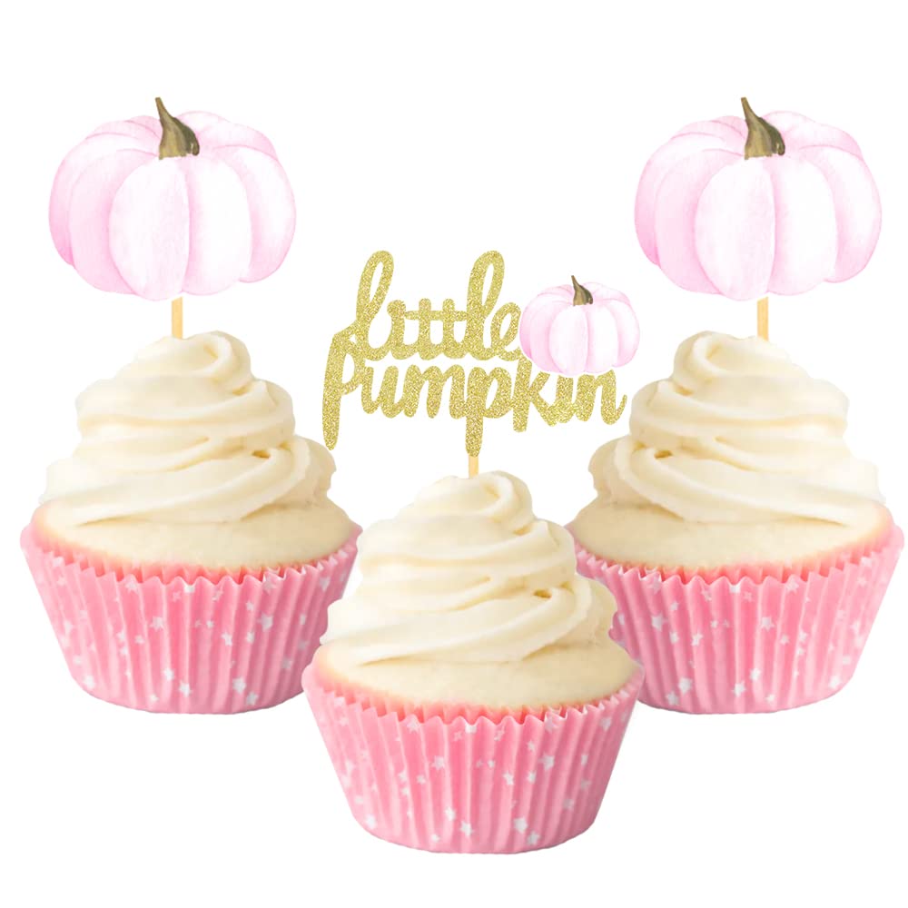24Pcs Little Pumpkin Cupcake Toppers Baby Shower Decorations Pumpkin Birthday Supplies Cupcake Picks Pumpkin Gender Reveal Cupcake Toppers (pink)