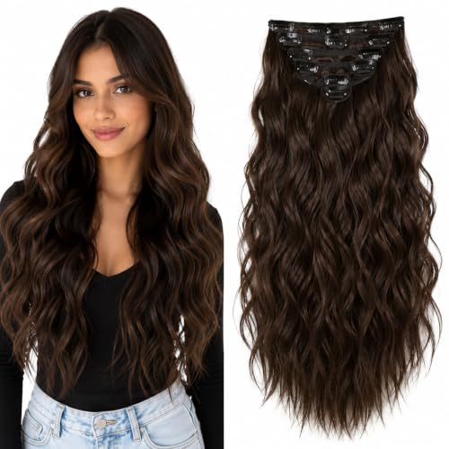 Image of Salon-Grade CHOCOLATE BROWN Curly /Wavy Clip-in Extensions - 6PCS Synthetic Hair Volumizer with 13 Secure Clips for Instant Volume & Realistic Blend