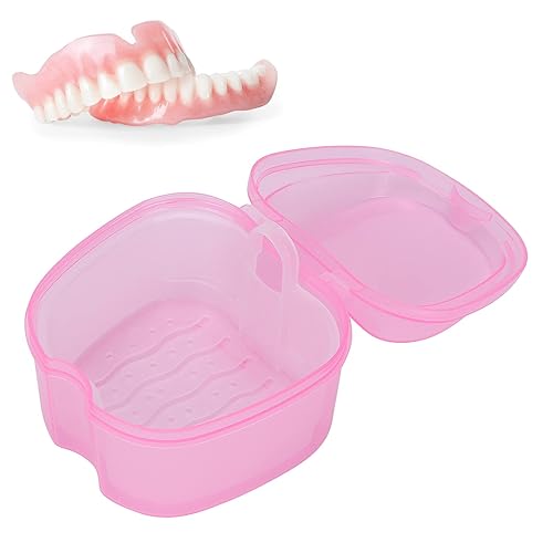 Estuche de baño para dentadura, caja de baño para dentadura, contenedor de almacenamiento para vasos de baño de dentadura con cesta de colador,