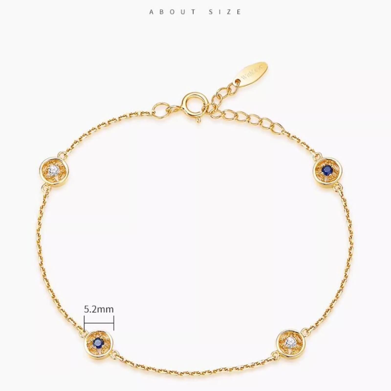Pulsera Mujer de Oro Amarillo 9Kilates / 14Kilates / 18Kilates, Redondo con Zafiro y Diamante, Cadena Extensible 16 CM + 5 CM, Pulsera Mujer Cadena Oro Azul