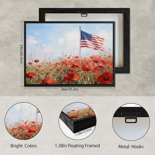 Image of American Flag Framed Canvas Wall Art, 4th of July Floral Canvas Prints, Wildflower Landscape Patriotic Decorations, Vintage Rustic Independence Day Wall Decor for Bedroom Living Room Office 24x36