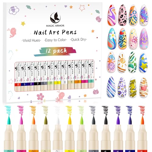 12 Colors Nail Art Pens Set, 3D Acrylic Paint Nail Polish Pens for Drawing &amp;Dotting, Quick-Dry Nail Art Markers with Fine Tip, Manicure Design Tools for DIY Nail Art at Home &amp; Salon