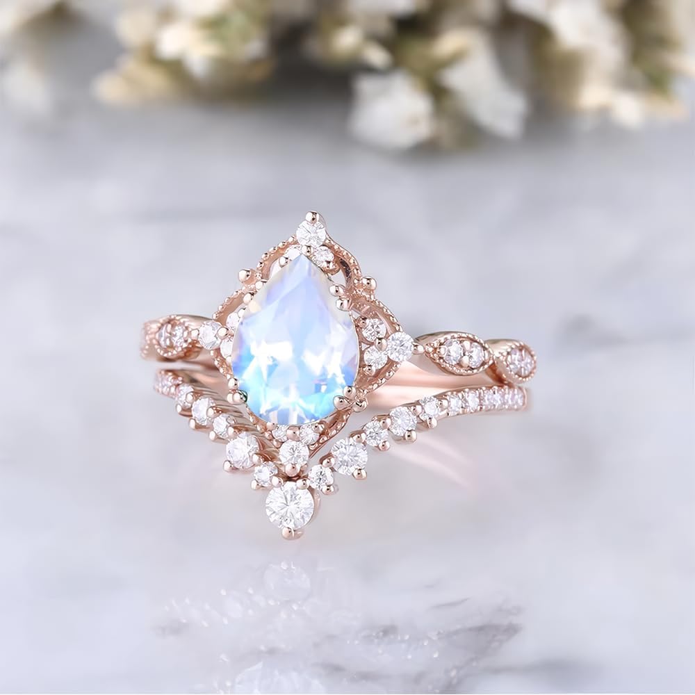 1.5ct Pear Shaped Gemstone Engagement Rings for Women 10K 14K 18K White Yellow Rose Gold Gemstone Wedding Ring Set Bridal Set 2pcs Vintage Inspired V Shaped Wedding Band Anniversary