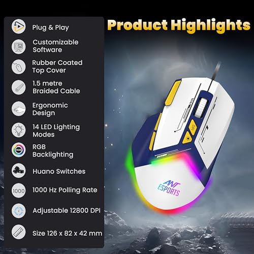Image of Ant Esports GM333 RGB Wired High End Optical Ergonomic Gaming Mouse with 12800 DPI 1.5M Braided Cable Comes with Inbuilt Software Huano Switches with Rubber Coated Topcover -Blue /White /Yellow