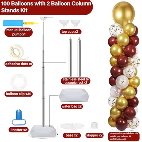 Image of 2 Sets Red and Gold Balloon Column Stand Kit with 100 Balloons Adjustable Balloon Tower Stand with Bases for Floor Confetti Balloon Column Kit for Bridal Graduation Birthday Appreciation Party Decor
