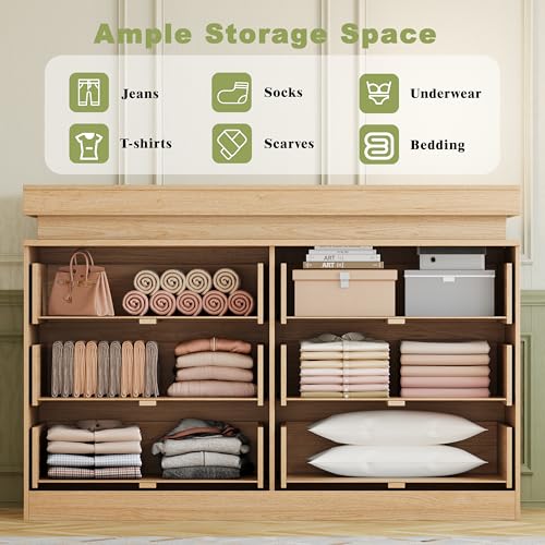 Image of 6 Drawer Dresser with LED Lights and Charging Station, 47 inch Wide Fluted Dresser for Bedroom, Modern Wood Chest of Drawers for Closet Organizer Cabinet for Living Room, Hallway, Natural Oak