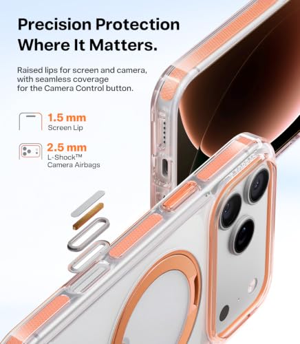 Image of TORRAS 360 Magnetic Stand for iPhone 17 Pro Case, Ultra Clear, CosmicOrange | Fit for MagSafe, 4X Military-Grade Protection, Anti-Yellow, Camera Button, Slim Non-Slip, For Women 6.3 inch, O3 Light Series