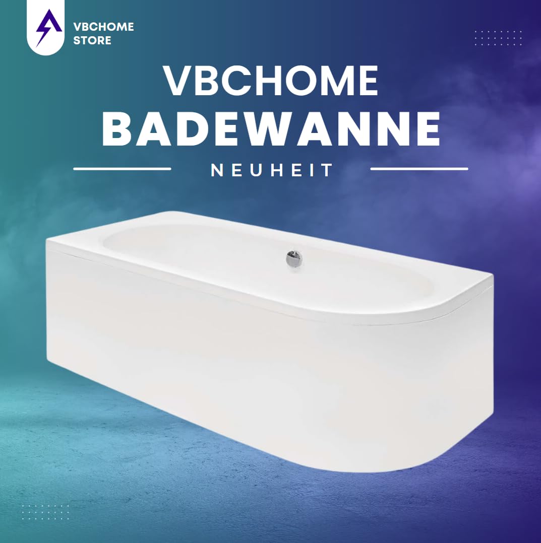 VBChome Badewanne 180x80 cm Acryl SET Schürze Siphon Wanne Ecke Eckbadewanne Weiß Design Modern Ablaufgarnitur in Chrom für 2 Personen links