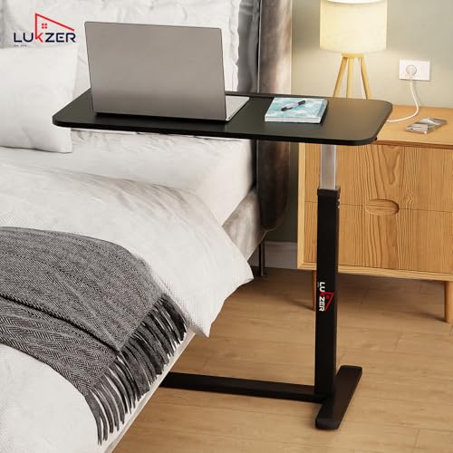 Image of Lukzer MST-002 Black Frame Black Top Overbed Table with Wheels | Adjustable Height Laptop Desk for Bed & Sofa | Rolling Bedside Table for Home, Hospital & Office (40x80x95 cm)