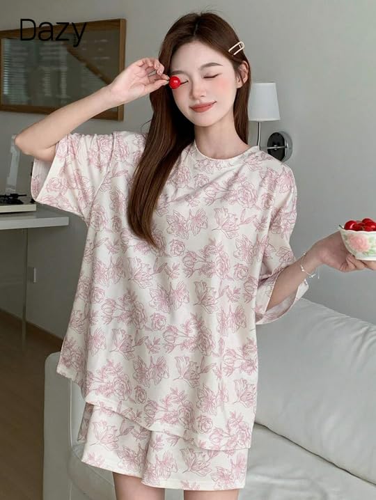 Image of Lunza Women's Cotton Blend Pajama Set, Short Sleeve T-Shirt and Shorts, Cute Bear Print Nightwear