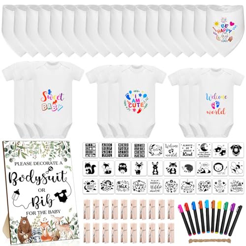Image of Bunnycool 88 Pcs Baby Shower Games Bodysuit Design Game 9 Newborn Bodysuit 18 Bib 10 Fabric Markers for Gender Reveal Party