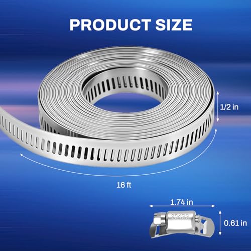 16 FT DIY Hose Clamps Assortment Kit,304 Stainless Steel Hose Clamps,Worm Gear Duct Pipe Hose, 16 FT Metal Strap+10 Stronger Fasteners,Large Adjustable Worm Gear Band Hose Clamps