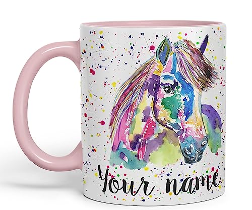 Vixar Personalised with Your Text Pony Small Horse Farm Animals Watercolour Art Coloured Ceramic Mug Cup Gift 330ml 11oz Custom Work Office Tea Coffee (O1) (Pink)