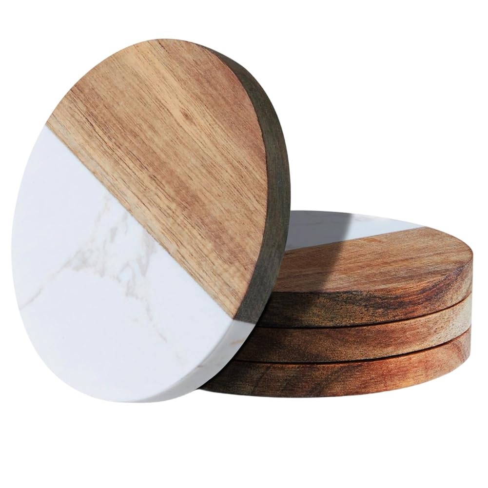 UDSKNV[KSL Elegant Wooden and Marble Coaster Set-Stylish Design for Coffee Tables, Ideal Perfect for Protecting Furniture