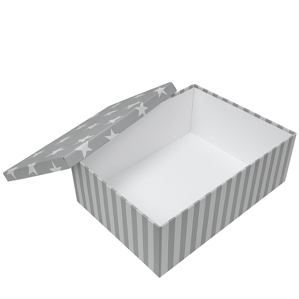 Brandsseller Lot de 10 boites gigognes, Boites-cadeaux, Boites de rangement, Boites en carton avec couvercle – Carton solide à motif étoiles et rayures, Carton, gris, 37,5x29x16cm - 19x13x7,5cm