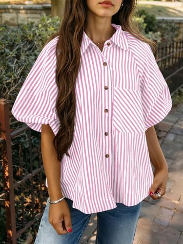 Image of Tankaneo Womens Short Puff Sleeve Button Down Shirts Striped Trendy Casual Loose Fit Blouse V Neck Collared Tops