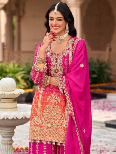 Image of INDO ERA Women's Silk Blend Embroidered Straight Kurta & Palazzo with Dupatta Set (IEOUT10598)