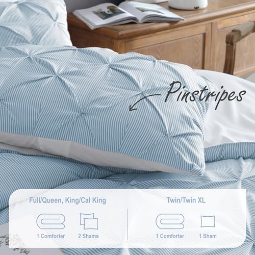 Image of Swift Home Full /Queen Pinstripe Chambray Blue Comforter Set - Classic Pintuck Bedding Set - 3 Pieces Bed Linen, 1 Comforter and 2 Pillow Shams