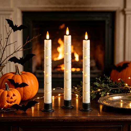 Image of Da by 3 Pack Ivory Heat Resistant Flameless Taper Candles, Cross Surrounding Fairy String Lights, Realistic Dynamic Flame LED Candles with Remote Control for Indoor Outdoor Decor
