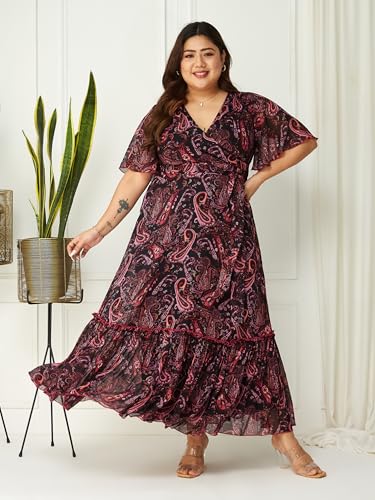 Image of Miss Chase A+ Women's Bohemian V-Neck Flutter Sleeve Chiffon Relaxed Fit Wrap Maxi Dress