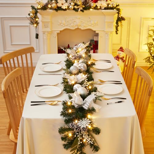 Fireplace Christmas Garland, 6 Ft Pre-Lit 20 Led Artificial Christmas Garland, Battery Operated Lighted Xmas Garland with Silver Balls, Pinecones for Front Door Holiday Decoration