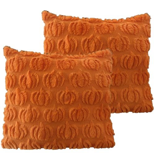 Autumn Cushion Covers 2 Pcs Pumpkin Pillow Cover 45 X 45cm Orange Fluffy Pumpkins Throw Pillows Cushions Halloween Couch Decorative Decor Fall Decorations Room Autumnal Bedding Season Essentials