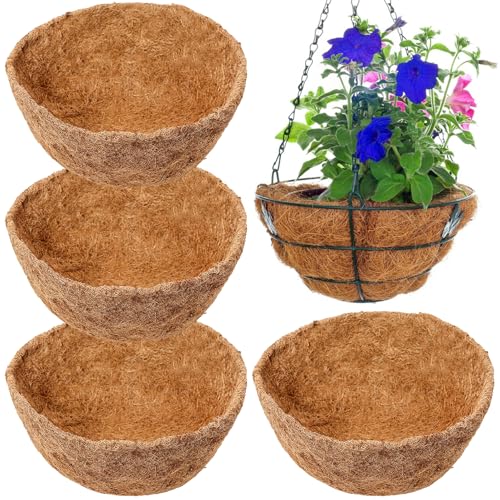 BLLREMIPSUR 4 Pcs Round Hanging Basket Liners 12 Inch Natural Coco Fiber Wall Mounted Coconut Fibres Planter Liner for Hanging Basket Indoor Outdoor Garden Flower Pot