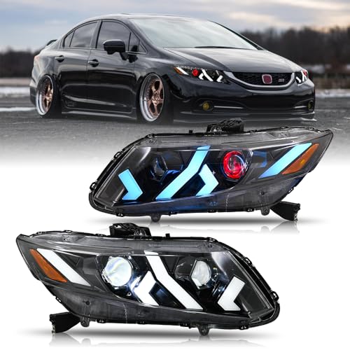 Headlights for 2012-2015 Honda Civic 4Dr Sedan 2012-2013 Honda Civic 2Dr Coupe Frontlight/Frontlamp with Animation Amber Sequential Turn Signal Left + Right Pair Front Head Lamp No Bulbs Need