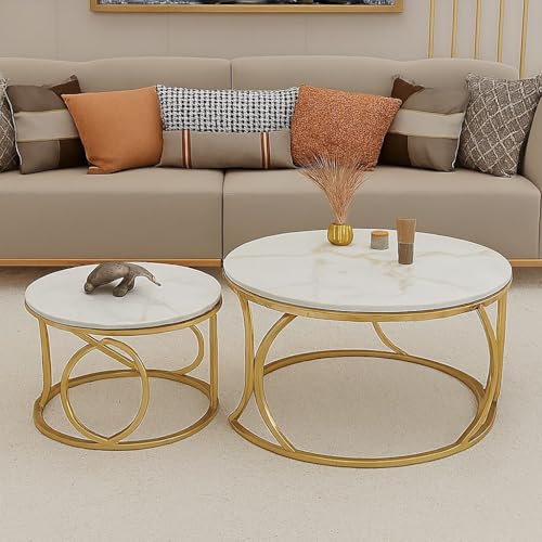 Image of Round End Table Set of Two Coffee Tables with Engineered Wood Top and Metal Frame, Contemporary Accent Side Table for Office, Bedroom, or Living Room Golden White