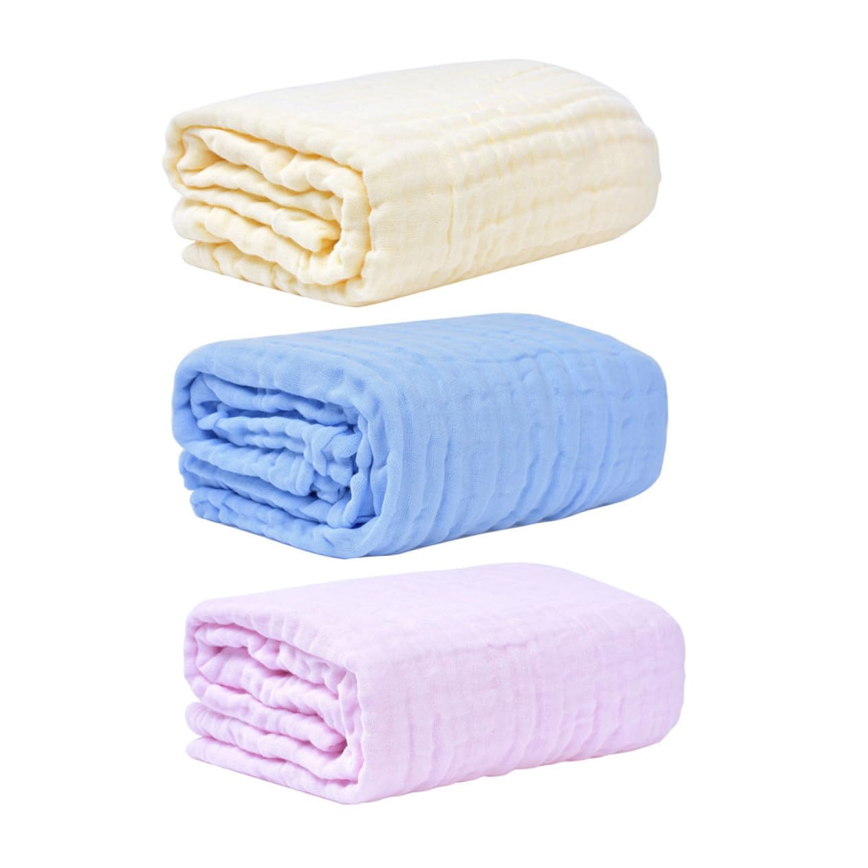 3 Stück Teiliges Babydecke aus Reiner Baumwolle Weiche Musselin Pucktücher in Rosa Gelb und Blau Atmungsaktiv Kuschelig und Vielseitig als Swaddle Empfangs Wickeldecke für