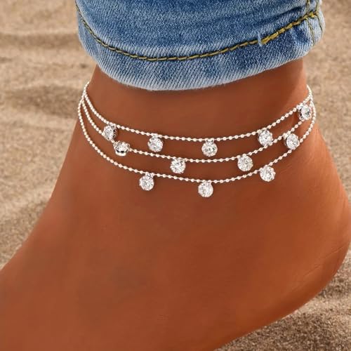 Image of Fesciory Silver Ankle Bracelets for Women, Adjustable Rhinestone Pendant Tennis Anklet, Butterfly Heart Infinite Diamond Summer Beach Foot Chain Jewelry Gifts