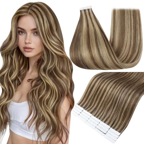 Image of Full Shine Human Hair Extensions Tape in, Brown Blonde Mix 12 Inch | 30g 20PCS, Seamless Skin Weft Remy Tape in Hair Extensions Human Hair, Lightweight Natural Daily Volume for Fine Hair
