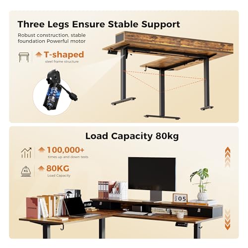 Bureau assis debout électrique 160 cm d'angle marron ergonomique avec tiroir - 5