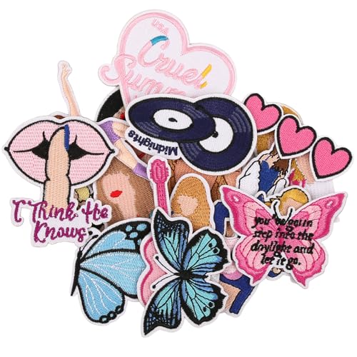18pcs Pop Music Iron on Patches for Girls Embroidered Appliques with Guitar Butterfly Hearts Sunglasses Cassette Concert Vibe for Clothes Backpacks Jackets DIY Crafts