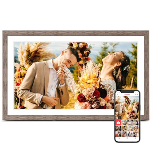 Image of Digital Picture Frame, Frameo 15.6'' Digital Photo Frame WiFi Large Display | 1920*1080 IPS FHD Touchscreen, 32GB, Wall-Mountable, Share Video Picture, Electronic Photo Frame Slideshow, Mom Gift, Greige