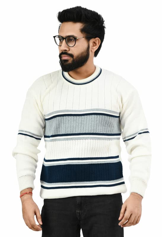 Men Round Neck Wide Stripe Full Sleeve Woolen Winter Pullover Sweater_ (Men Round Neck Sweater/Size 38-40)