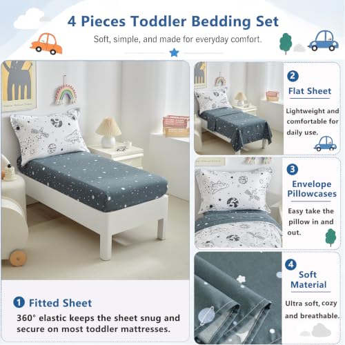 Image of DuShow 4 Piece Toddler Bedding Set for Boys,White Space Crib Bedding Sheets Set,Soft Toddler Comforter Set Bed in a Bag | Include Comforter,Flat Sheet,Fitted Sheet,Pillowcase