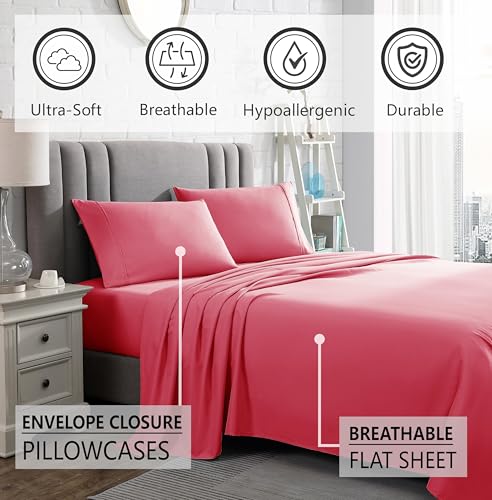 American Home Collection 4 Piece Full Size Bedding Sheets and Pillowcases Set - Ultra Soft Microfiber - Breathable, Wrinkle Free, Easy Care, Durable, Oeko-Tex Certified Sheet Set (Full, Pink)