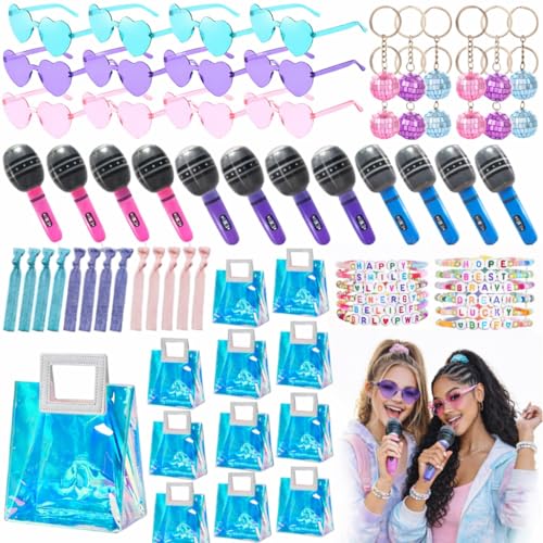 Yebo Juego de 72 recuerdos de fiesta de música de discoteca, incluye pulseras de la amistad, gafas de sol de corazón, micrófonos inflables, llaveros de bola de discoteca, diademas y bolsas de regalo